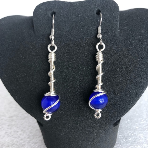 Blue cats eye glass bead wire wrap dangle earrings handmade 2” - Picture 2 of 6